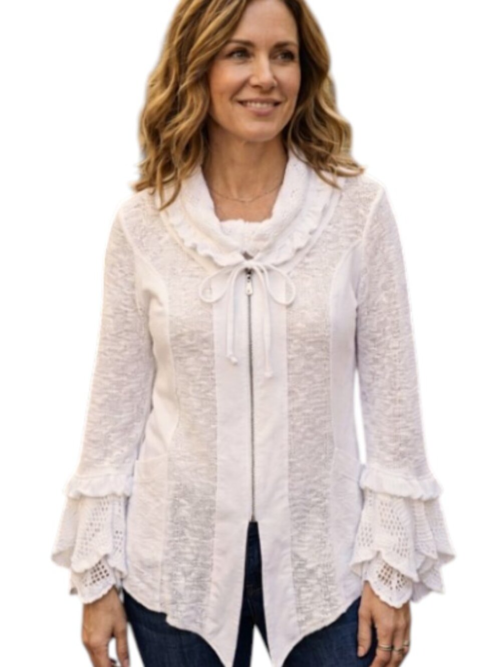 Linea Domani White Ruffle Zip Cardigan Cotton Blend Boho Cottagecore Style NWT